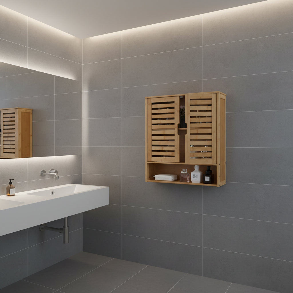 Armario de pared para baño, 2 puertas y estante ajustable, para colocar sobre el inodoro.