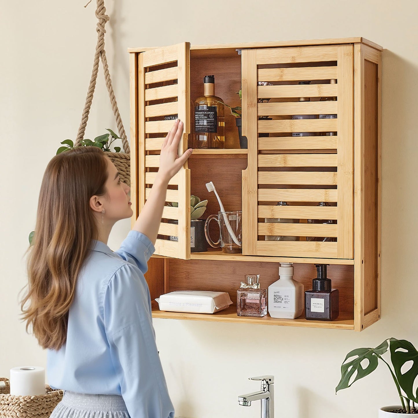 Armario de pared para baño, 2 puertas y estante ajustable, para colocar sobre el inodoro.
