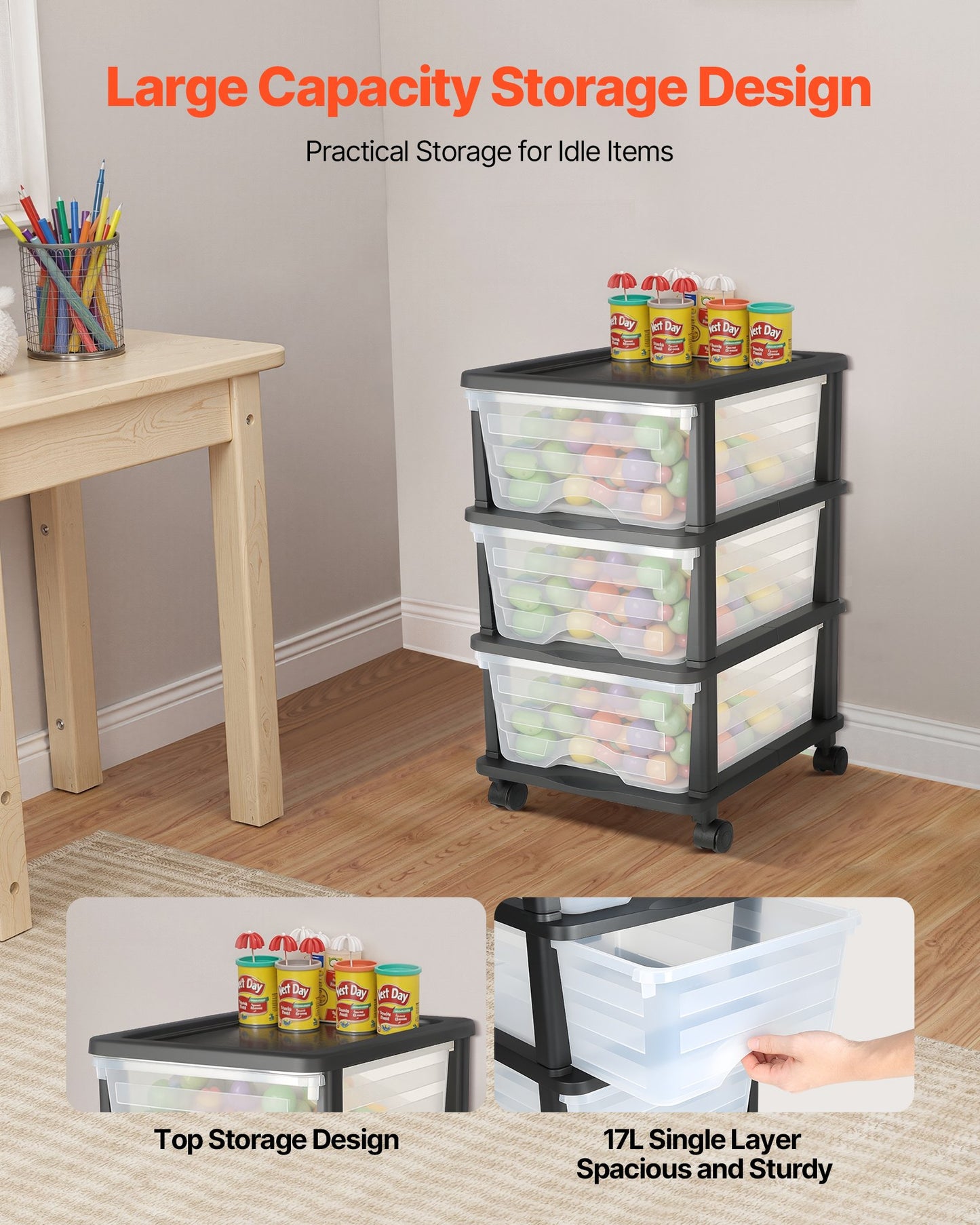 Plastic Storage Drawers Cart, 3 Drawers Storage Organizer with Wheels,