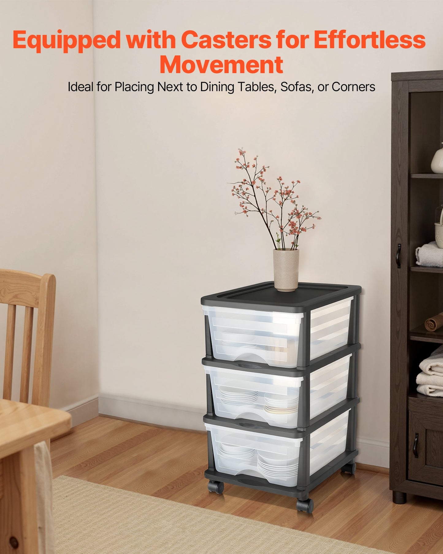 Plastic Storage Drawers Cart, 3 Drawers Storage Organizer with Wheels,