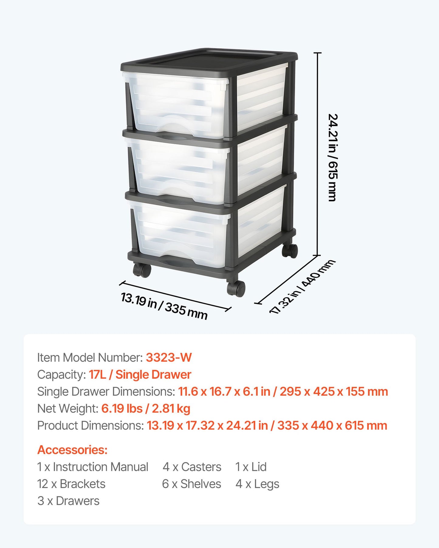 Plastic Storage Drawers Cart, 3 Drawers Storage Organizer with Wheels,