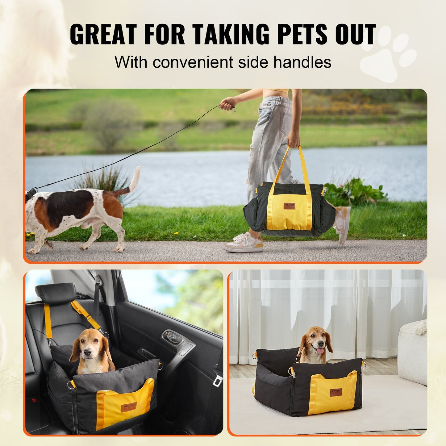 Asiento elevador impermeable para perros para coche, con asas laterales.