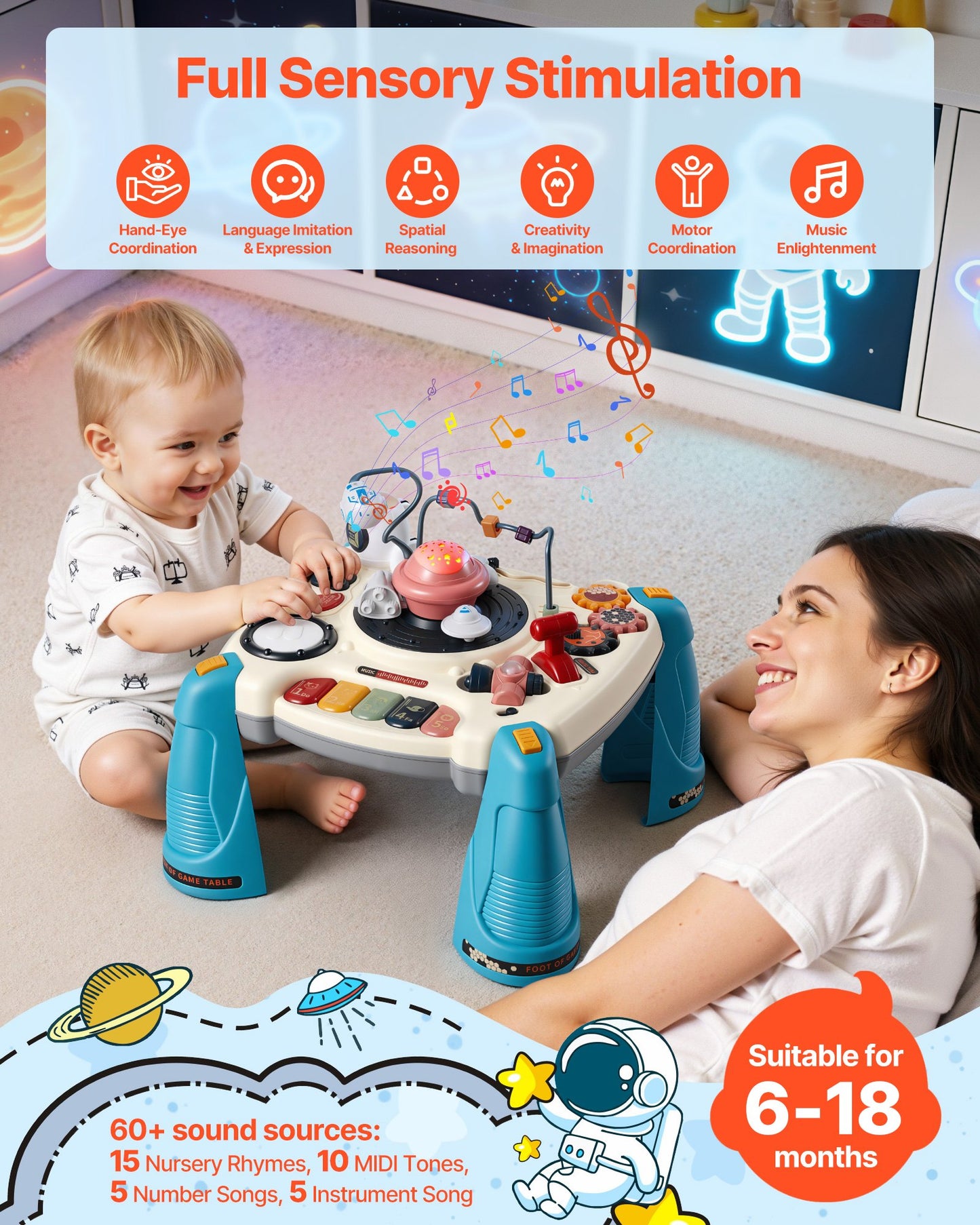 Juguetes musicales de mesa con naves espaciales para bebés de 1 a 3 años, para aprender.