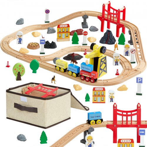 Juego de tren de madera de 70 piezas, con grúa magnética, juguete de vía de tren de madera para