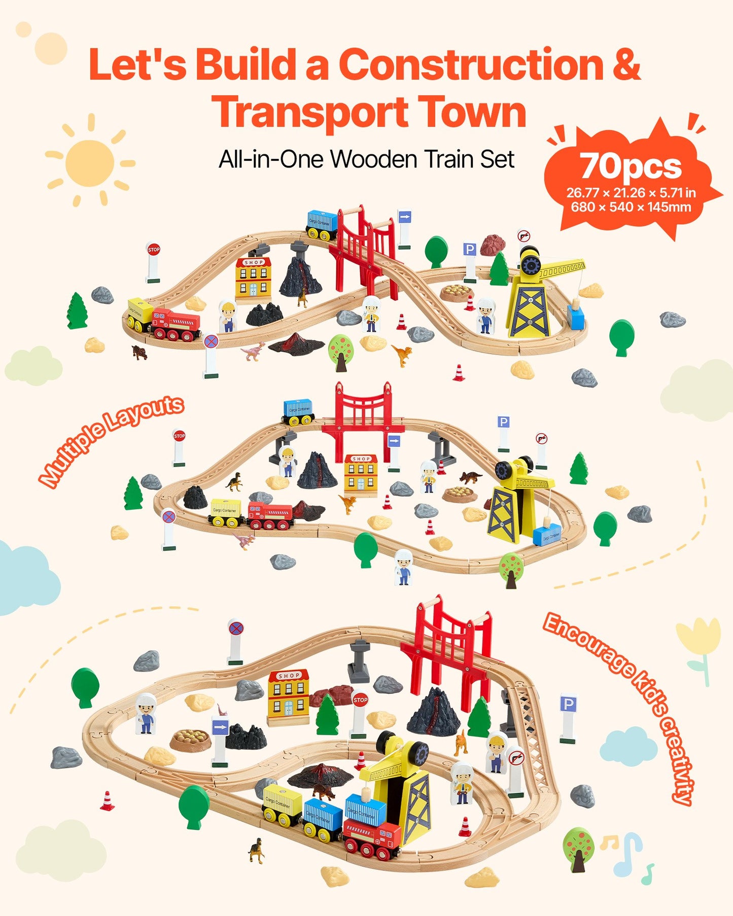 Juego de tren de madera de 70 piezas, con grúa magnética, juguete de vía de tren de madera para