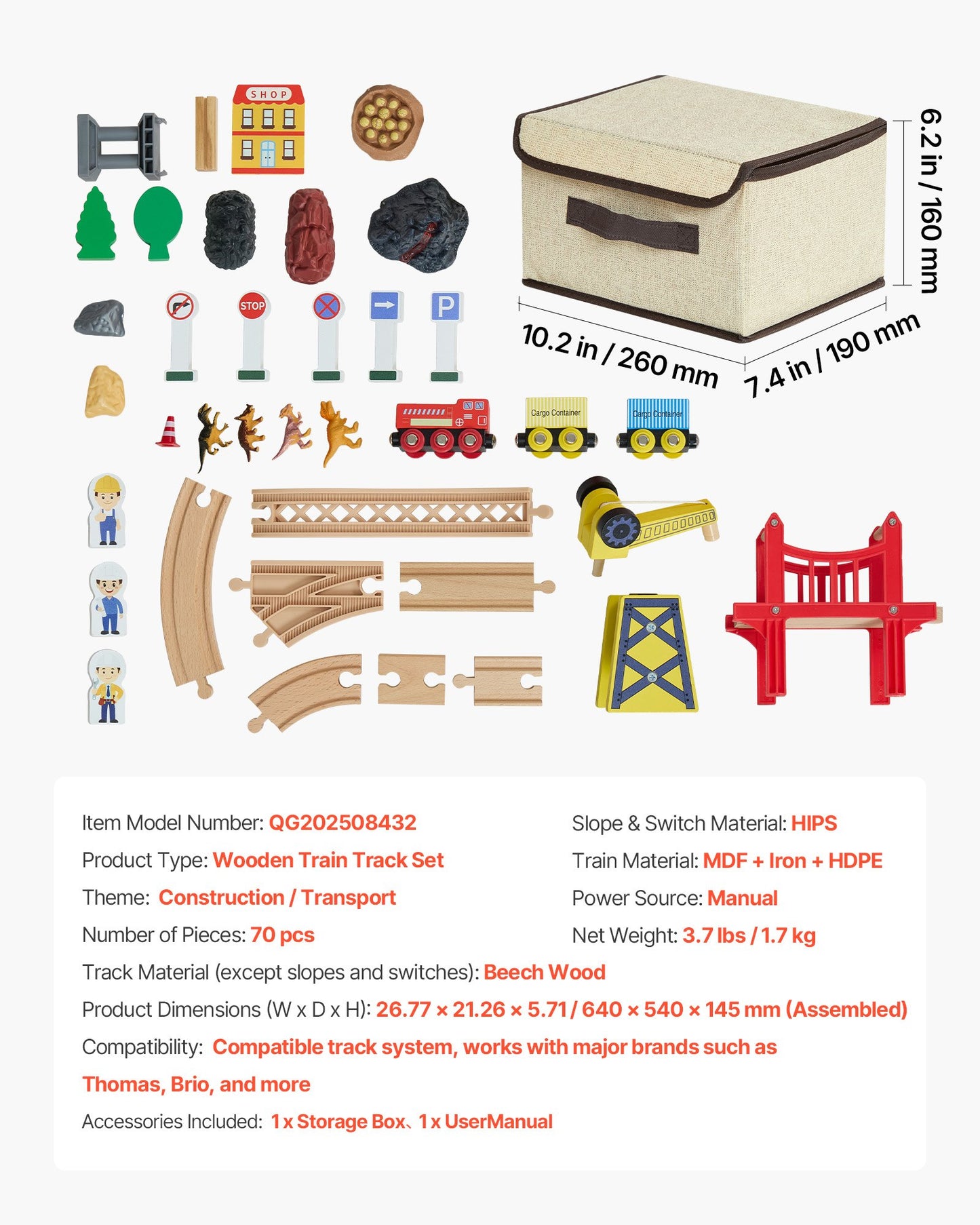 Juego de tren de madera de 70 piezas, con grúa magnética, juguete de vía de tren de madera para