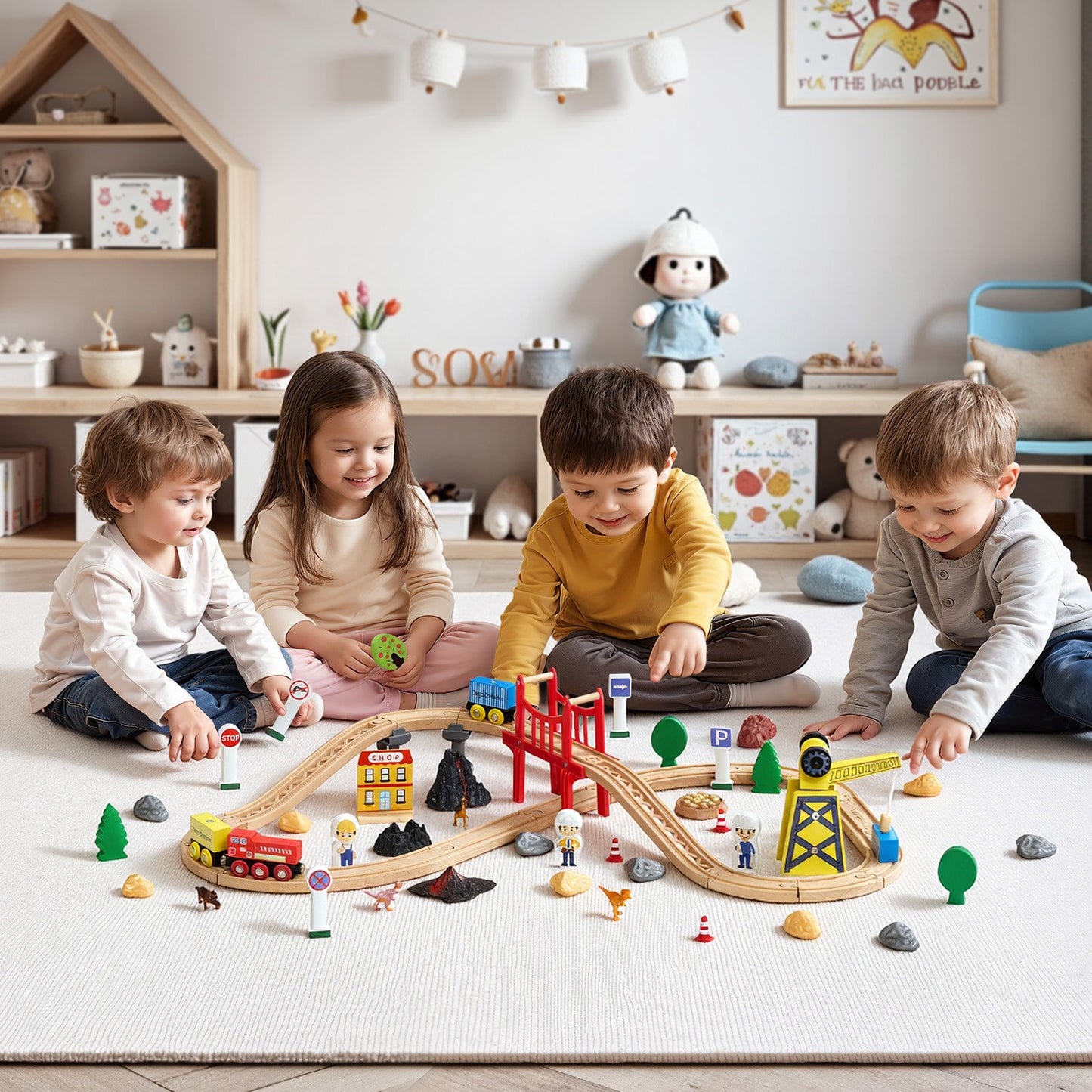 Juego de tren de madera de 70 piezas, con grúa magnética, juguete de vía de tren de madera para