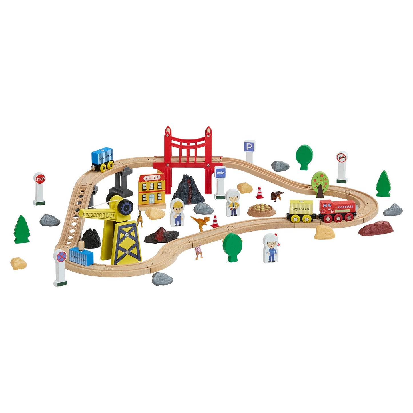 Juego de tren de madera de 70 piezas, con grúa magnética, juguete de vía de tren de madera para