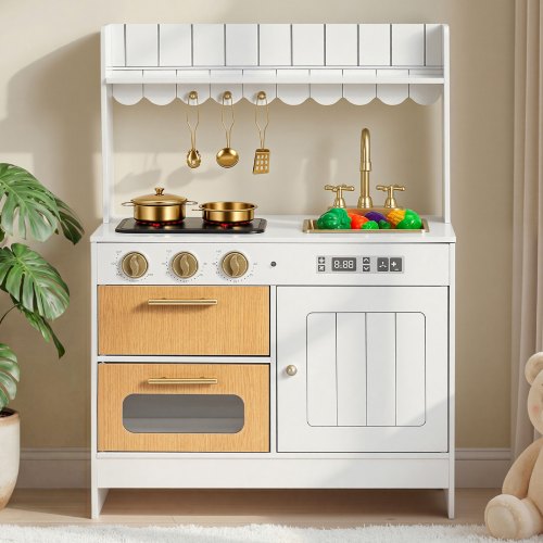 Cocina de juguete para niños, de madera, juego de cocina infantil con luces reales y
