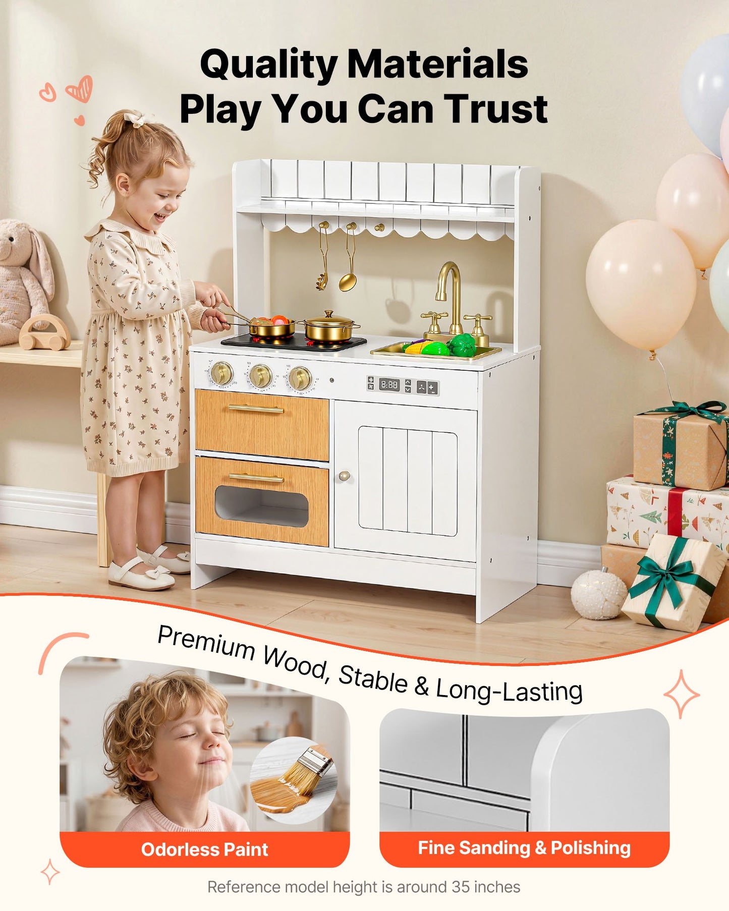 Cocina de juguete para niños, de madera, juego de cocina infantil con luces reales y