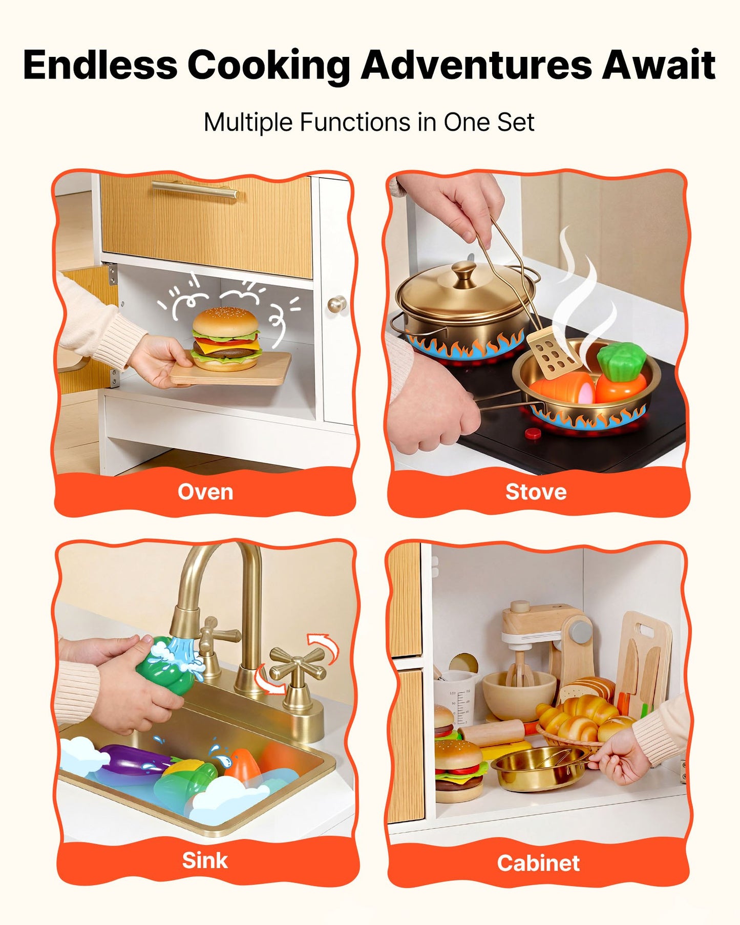 Cocina de juguete para niños, de madera, juego de cocina infantil con luces reales y