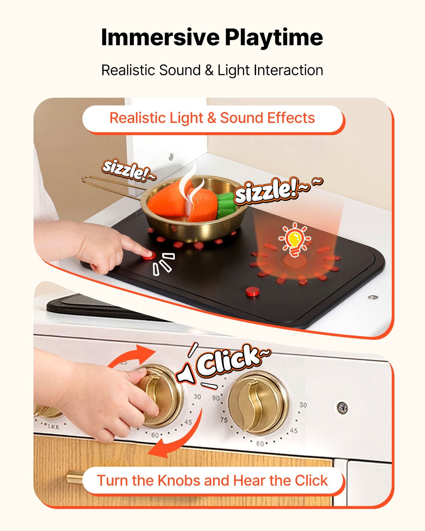 Cocina de juguete para niños, de madera, juego de cocina infantil con luces reales y
