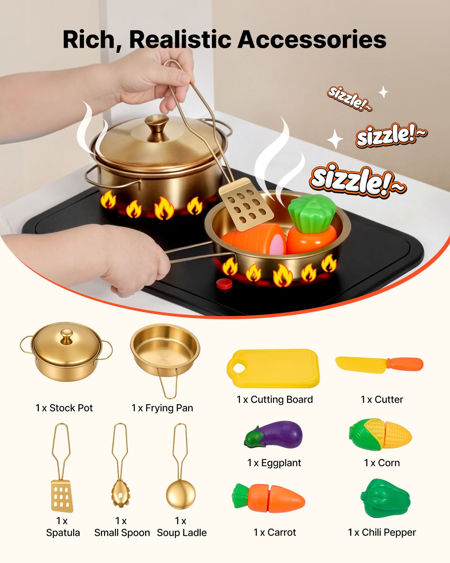 Cocina de juguete para niños, de madera, juego de cocina infantil con luces reales y