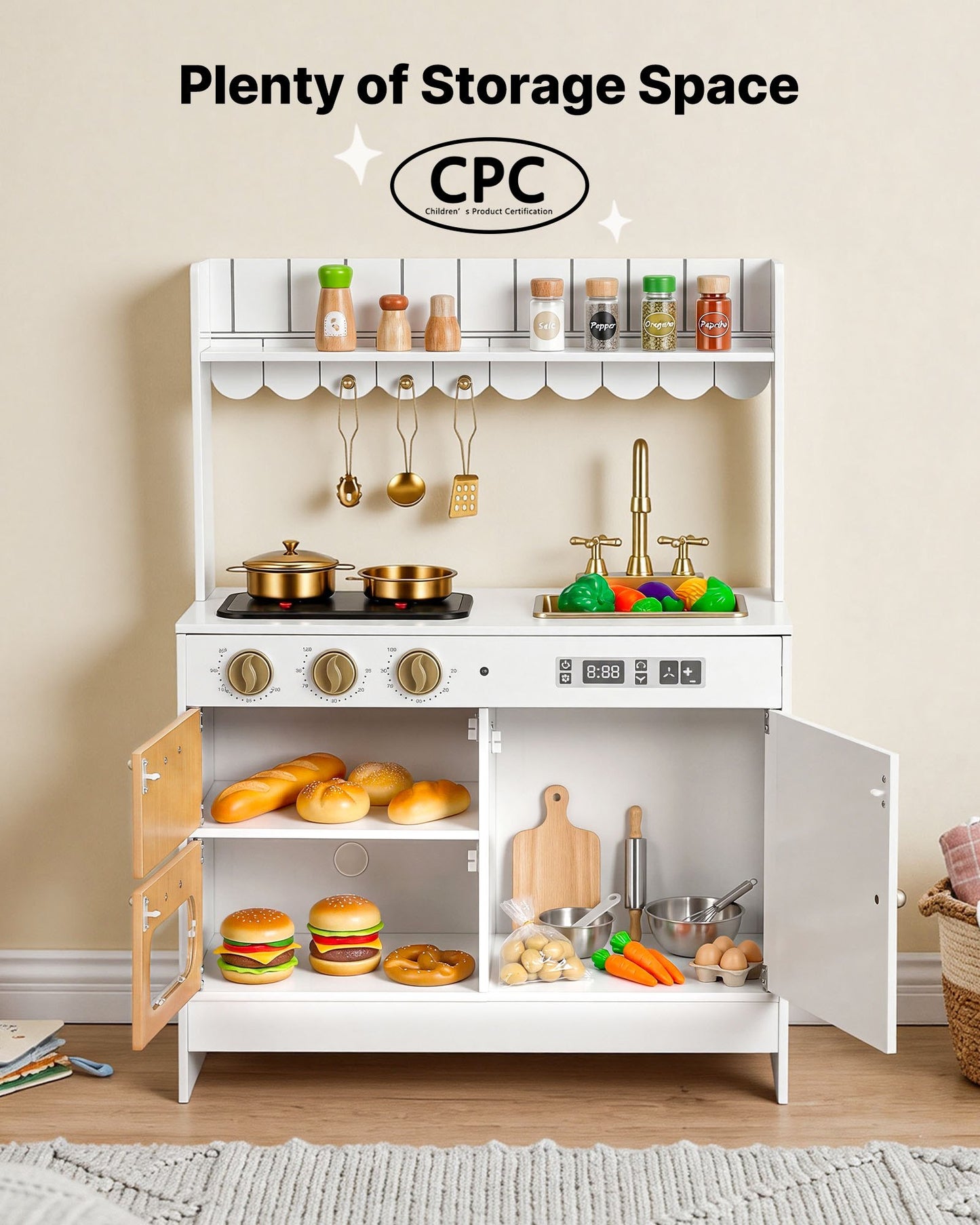 Cocina de juguete para niños, de madera, juego de cocina infantil con luces reales y
