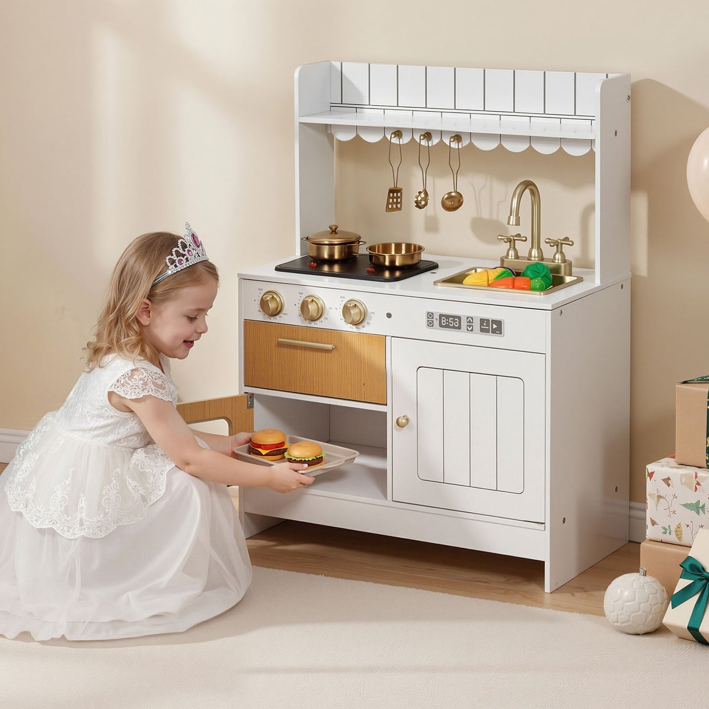 Cocina de juguete para niños, de madera, juego de cocina infantil con luces reales y