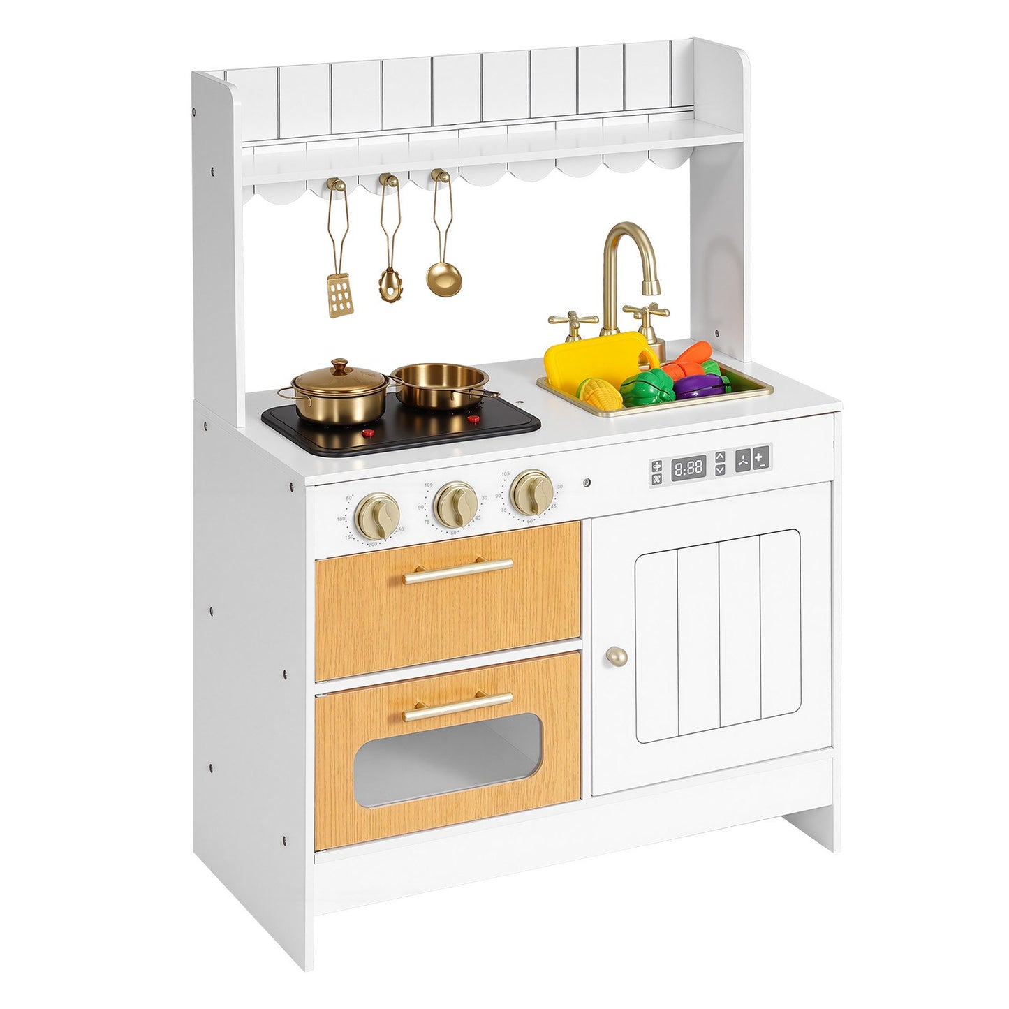 Cocina de juguete para niños, de madera, juego de cocina infantil con luces reales y