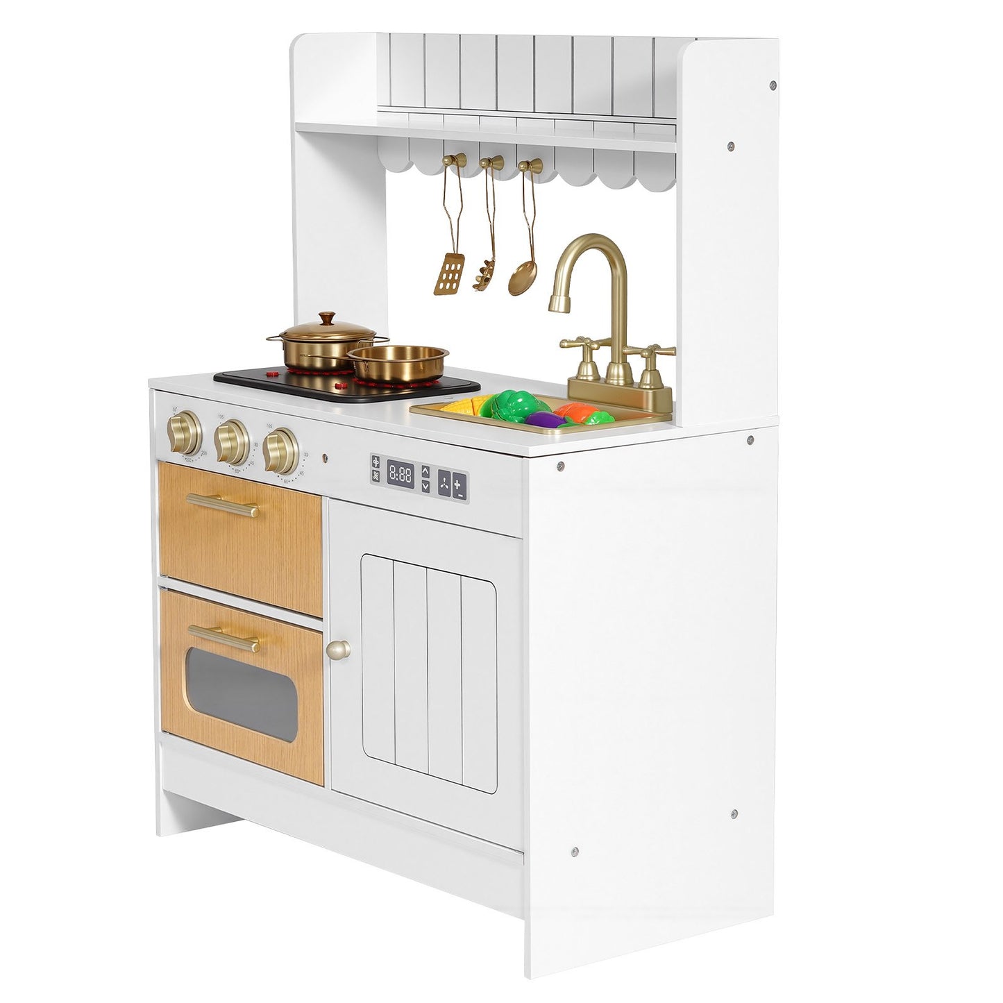Cocina de juguete para niños, de madera, juego de cocina infantil con luces reales y