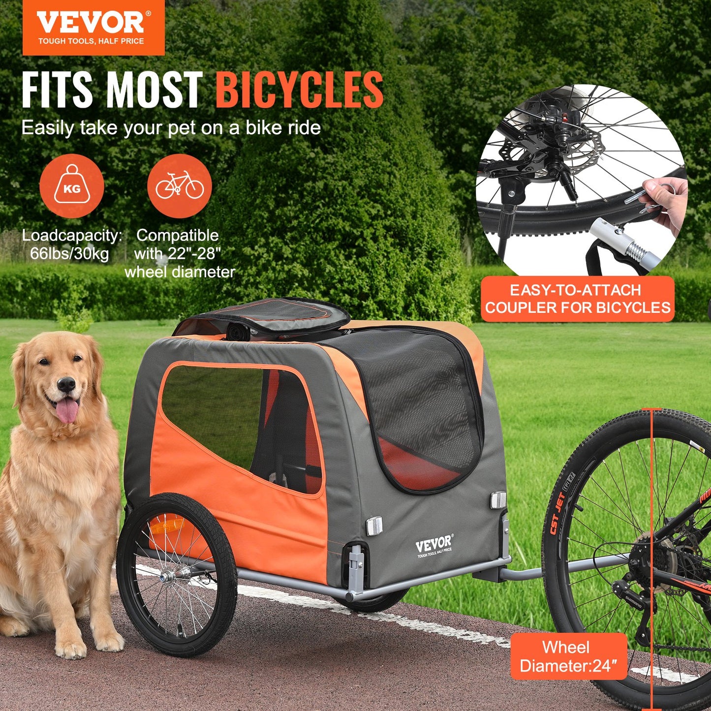 Remolque para bicicleta para perros, soporta hasta 66 libras, carrito para transportar mascotas en bicicleta,