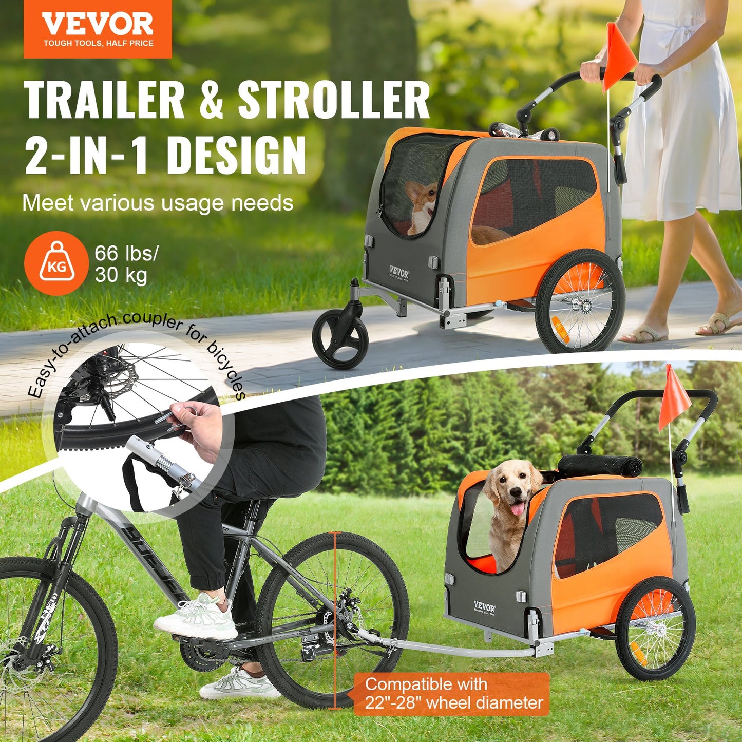 Dog Bike Trailer, Supports up to 66 lbs, 2-in-1 Pet Stroller Cart
