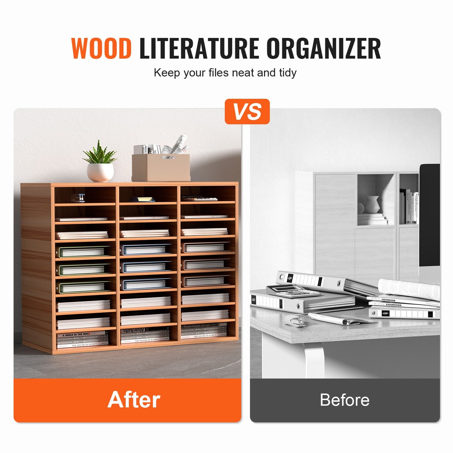 27 Compartments Wood Literature Organizer, Adjustable Shelves, Medium