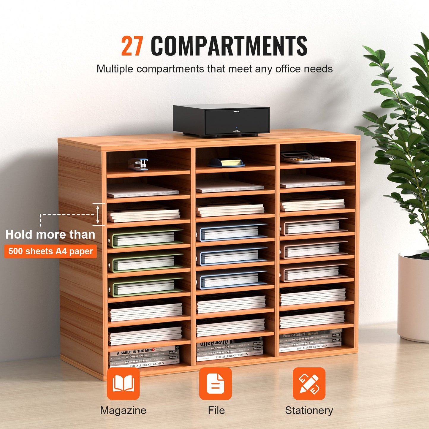 27 Compartments Wood Literature Organizer, Adjustable Shelves, Medium