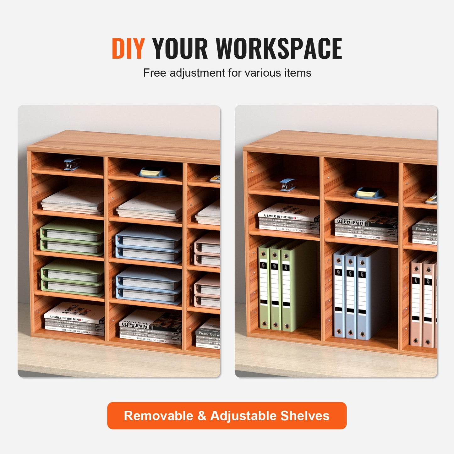 27 Compartments Wood Literature Organizer, Adjustable Shelves, Medium