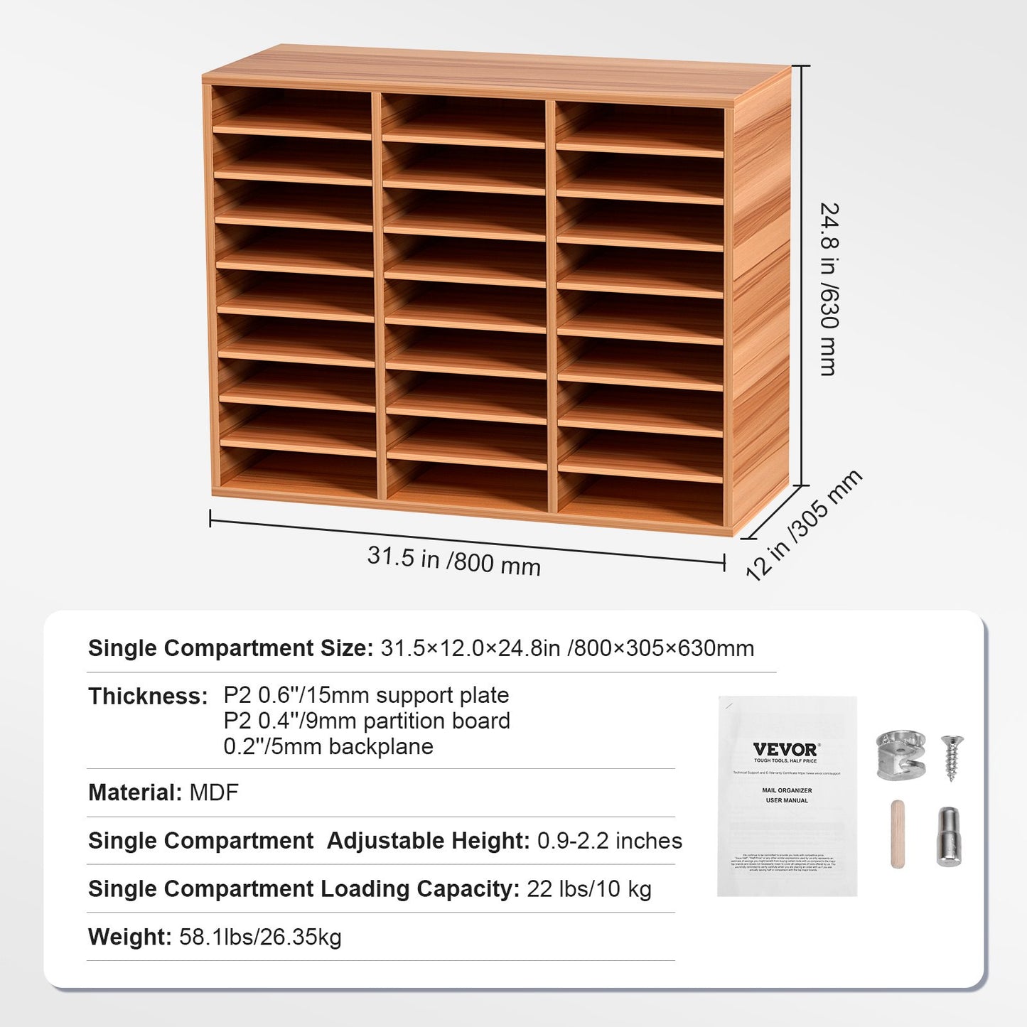 27 Compartments Wood Literature Organizer, Adjustable Shelves, Medium